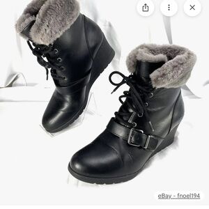 UGG Black Wedge Boots with Gray Sheepskin